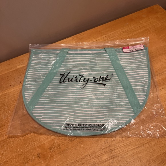 Thirty One 31 Round Utility Tote Bag- Miami Stripe - Green Teal -‎ Double Strap - Picture 1 of 5
